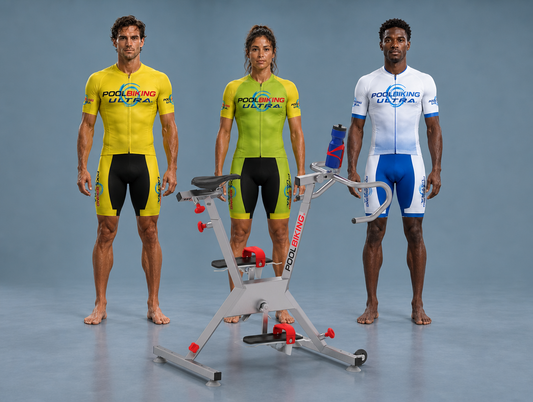 Tres deportistas junto a una bicicleta acuática POOLBIKING ULTRA